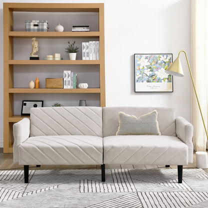 Divano letto futon trasformabile in velluto beige 87 con braccioli regolabili per soggiorno