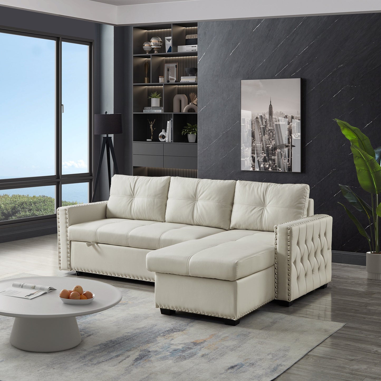 Divano letto convertibile beige da 88'' a 3 posti con chaise longue contenitore, letto estraibile, finiture con borchie