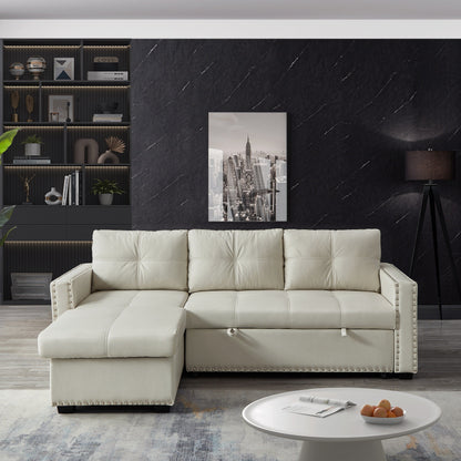 Divano letto convertibile beige da 88'' a 3 posti con chaise longue contenitore, letto estraibile, finiture con borchie argentate e comoda imbottitura in spugna
