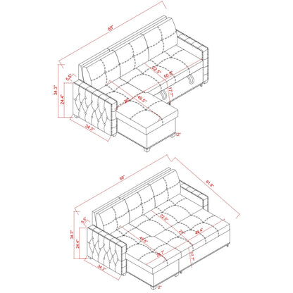 Divano letto convertibile beige da 88'' in microfibra a 3 posti con chaise longue contenitore e funzione estraibile