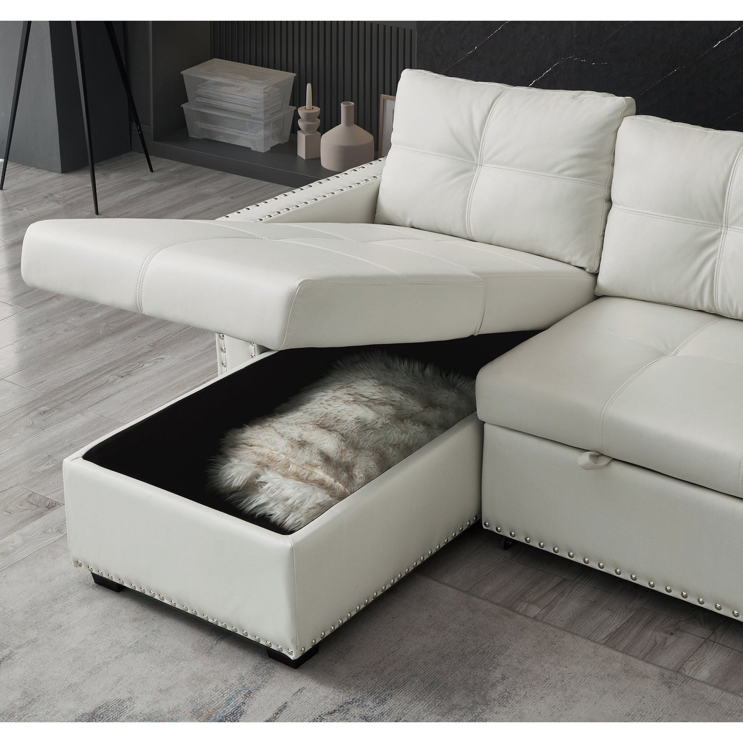 Divano letto convertibile in microfibra beige da 88'' a 3 posti con chaise longue contenitore, letto estraibile e cuscino in spugna di alta qualità
