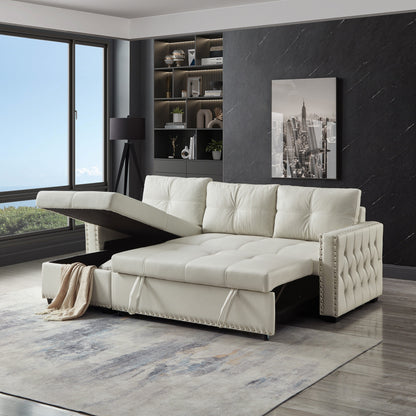 Divano letto convertibile in microfibra beige da 88'' con chaise longue contenitore