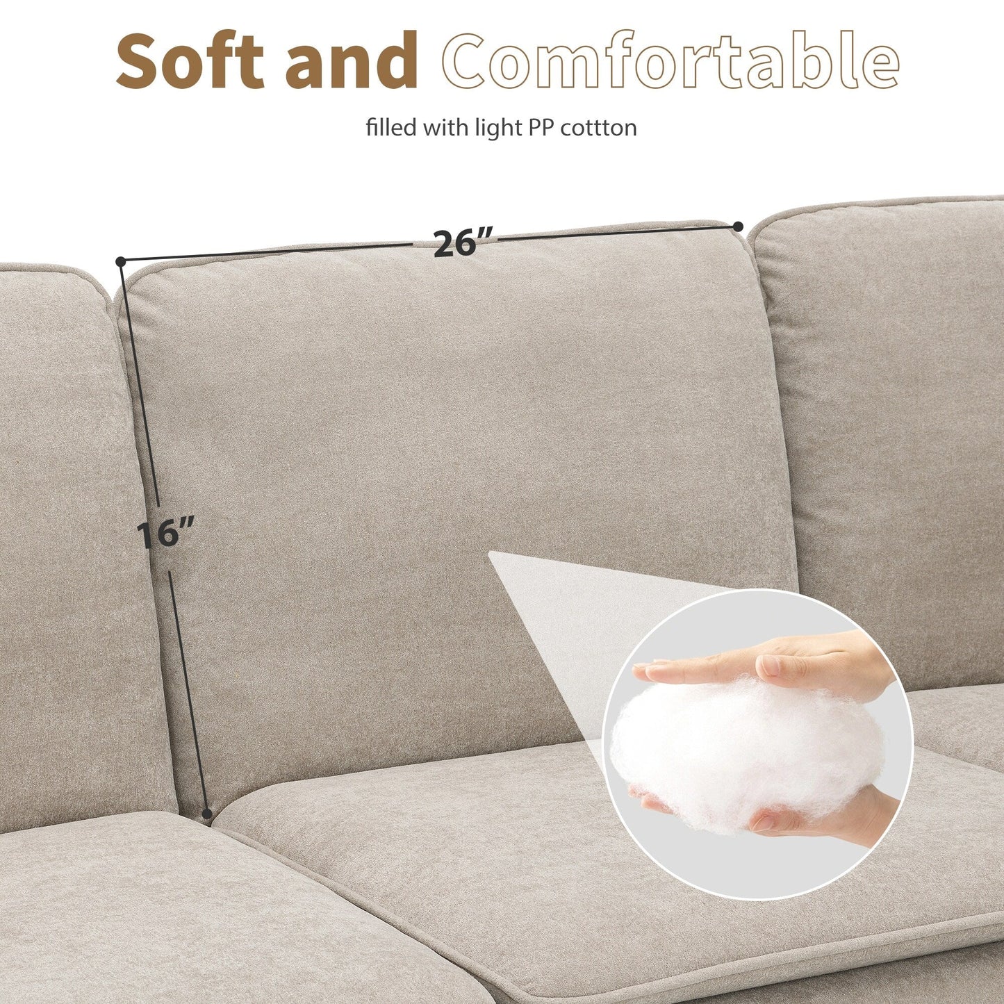 Divano componibile a L in velluto beige 89 a 5 posti con doppi cuscini, struttura in legno robusto e ferro