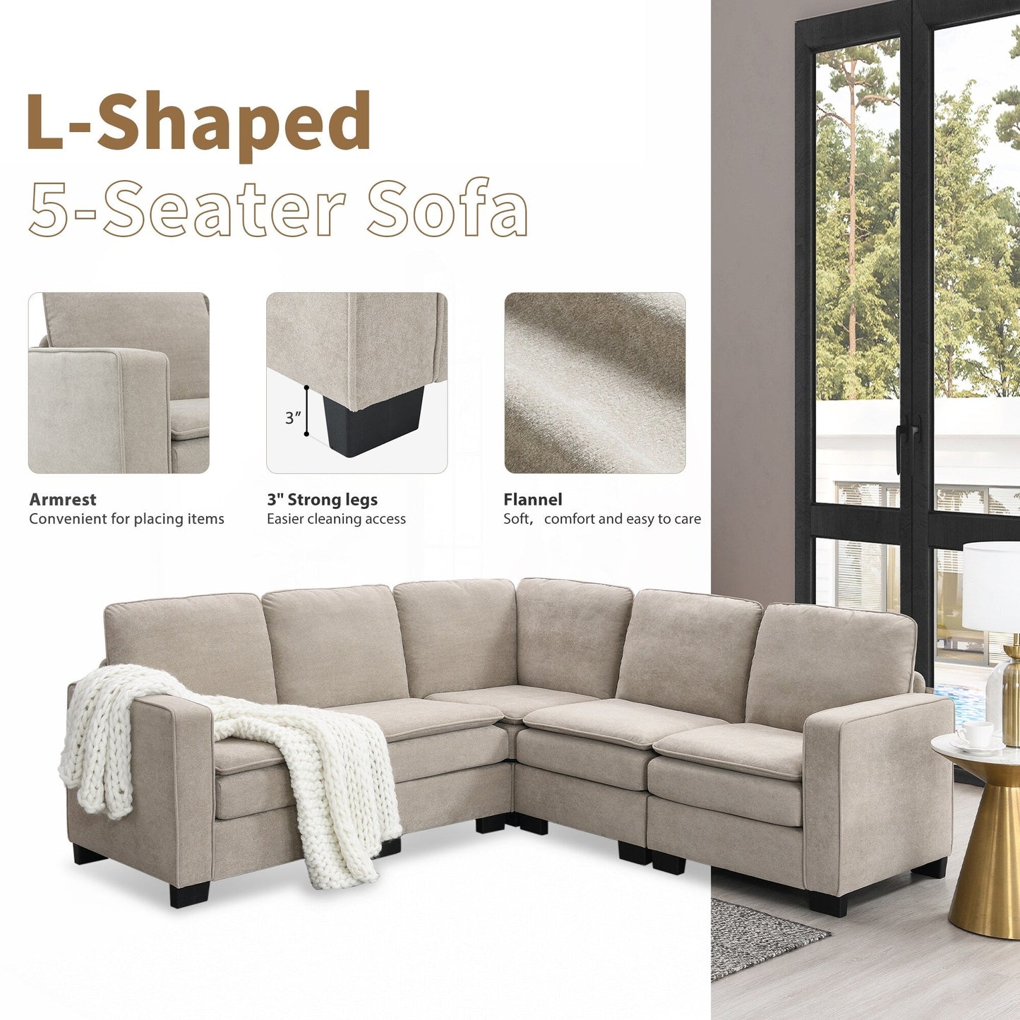 Divano componibile a L in velluto beige 89 a 5 posti con doppi cuscini, struttura in legno robusto e ferro