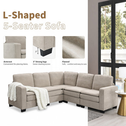 Divano componibile a L in velluto beige 89 a 5 posti con doppi cuscini, struttura in legno robusto e ferro