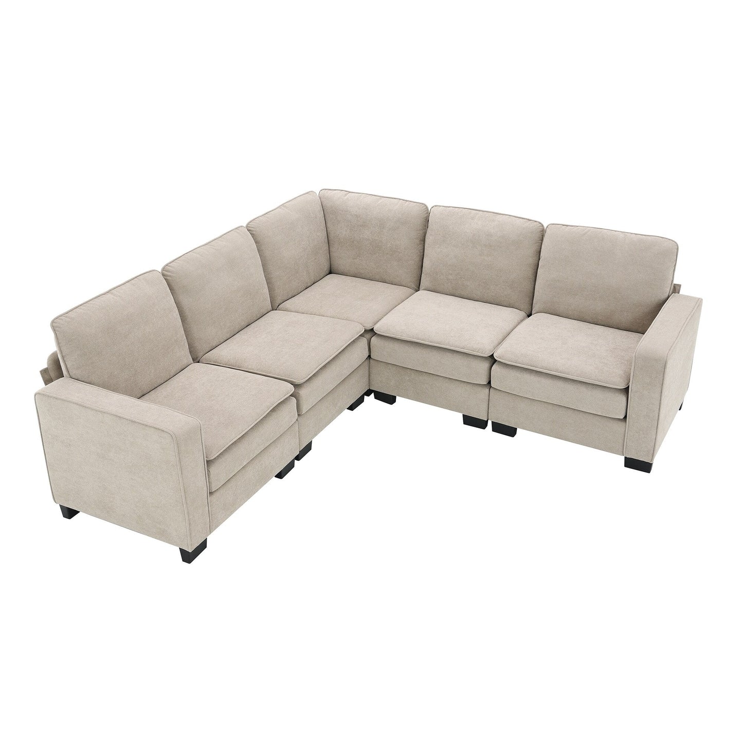 Divano componibile a L in velluto beige 89 a 5 posti con doppi cuscini, struttura in legno robusto e ferro