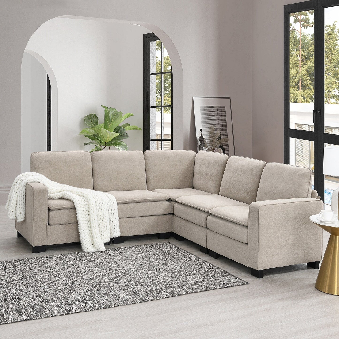 Divano componibile a L in velluto beige 89 a 5 posti con doppi cuscini, struttura in legno robusto e ferro