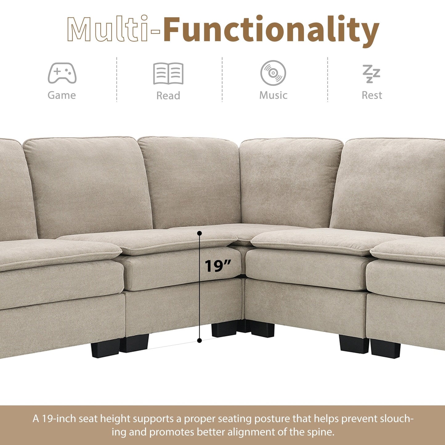 Divano componibile oversize a 5 posti a forma di L in velluto beige 89 con doppi cuscini per posti a sedere angolari