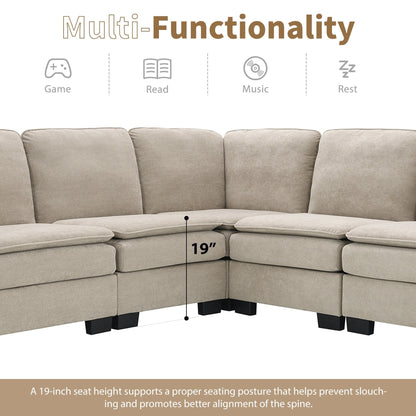 Divano componibile oversize a 5 posti a forma di L in velluto beige 89 con doppi cuscini per posti a sedere angolari