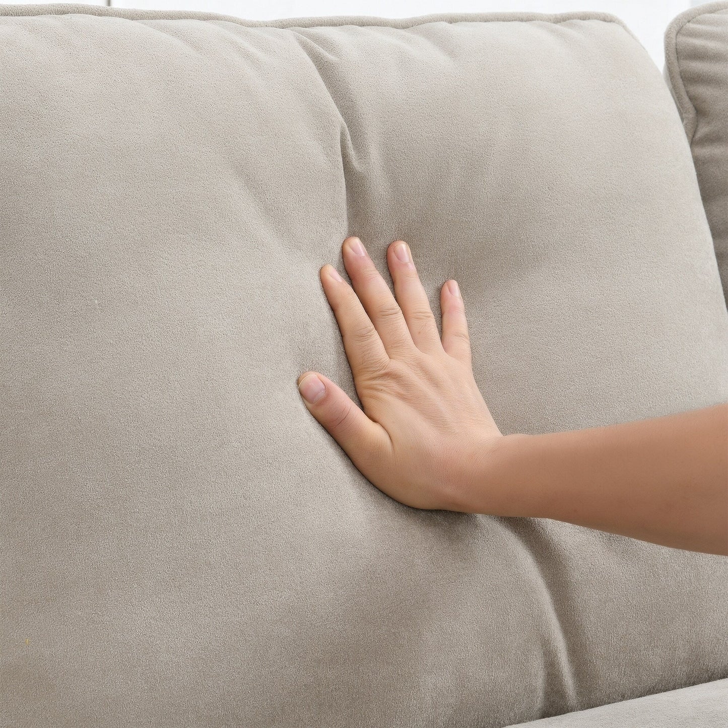 Divano componibile a L in velluto beige da 89'' a 5 posti con doppi cuscini, struttura in legno robusto e ferro