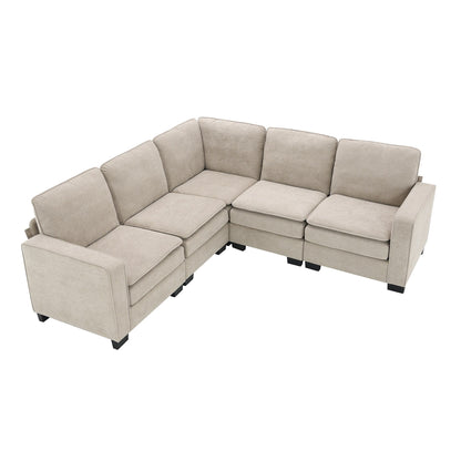 Divano componibile a L in velluto beige da 89'' a 5 posti con doppi cuscini, struttura in legno robusto e ferro