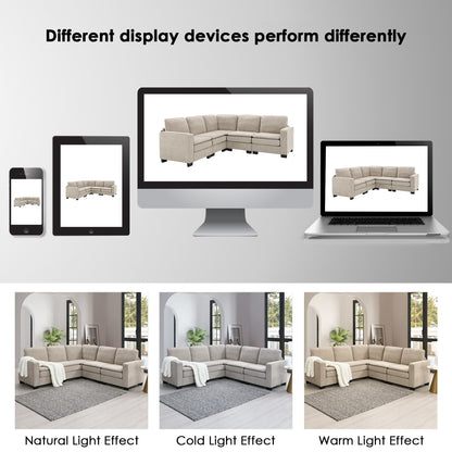 Divano componibile a L in velluto beige da 89'' a 5 posti con doppi cuscini, struttura in legno robusto e ferro