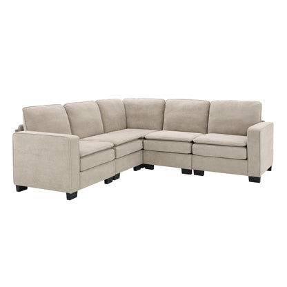 Divano componibile a L in velluto beige da 89'' a 5 posti con doppi cuscini, struttura in legno robusto e ferro