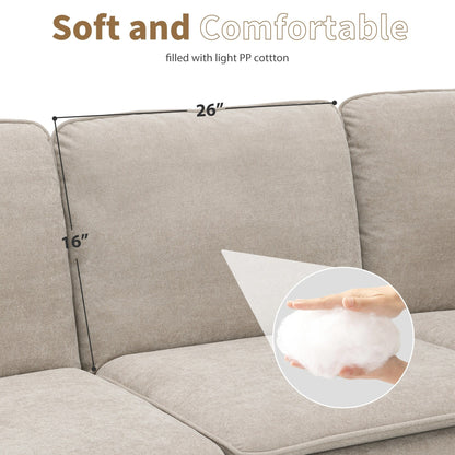 Divano componibile a L in velluto beige da 89'' a 5 posti con doppi cuscini, struttura in legno robusto e ferro