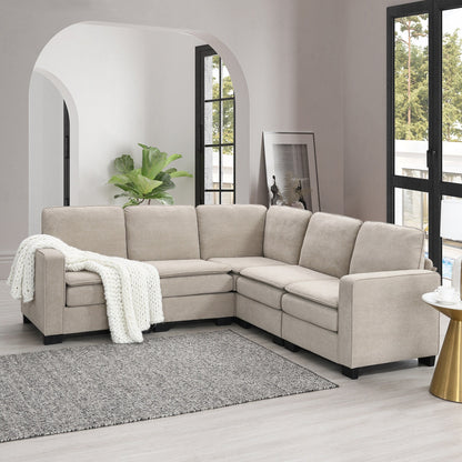 Divano componibile a L in velluto beige da 89'' a 5 posti con doppi cuscini