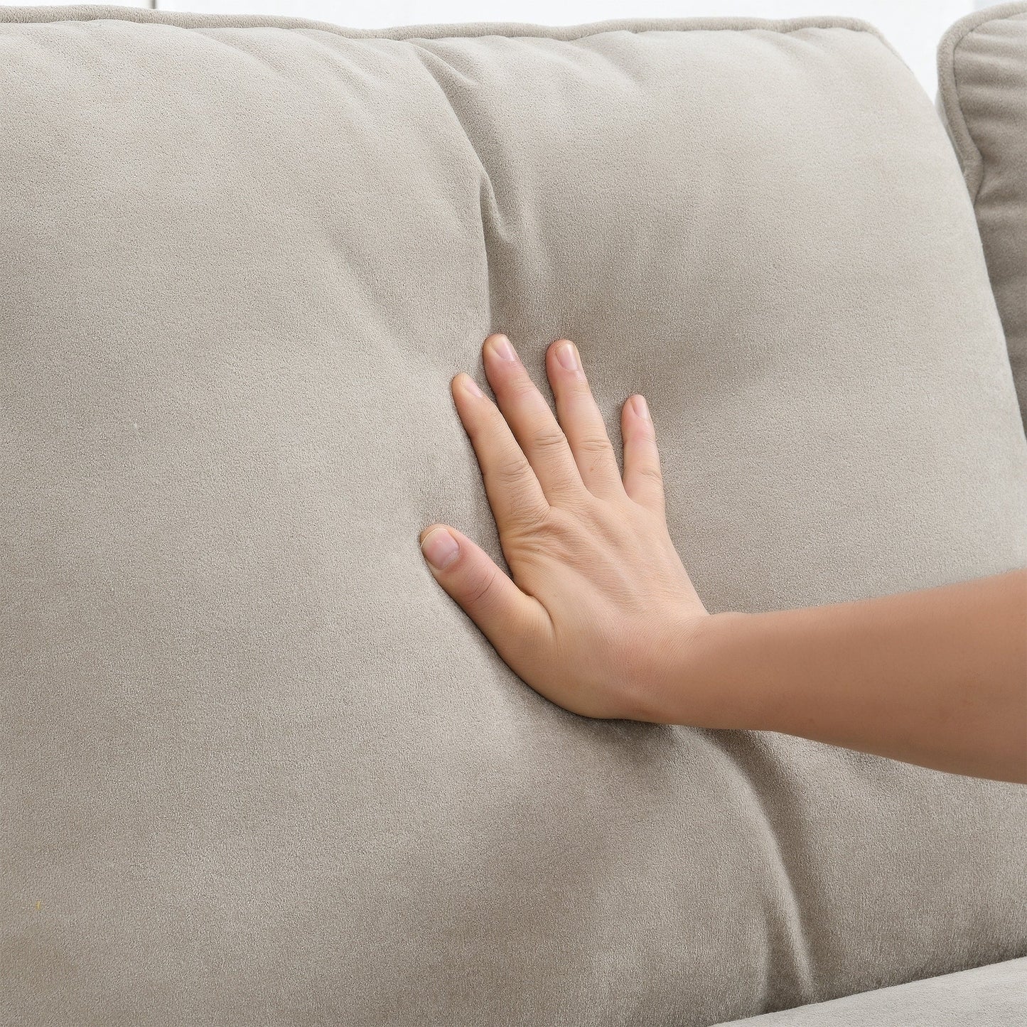 Divano componibile a L in velluto beige da 89'' a 5 posti con doppi cuscini