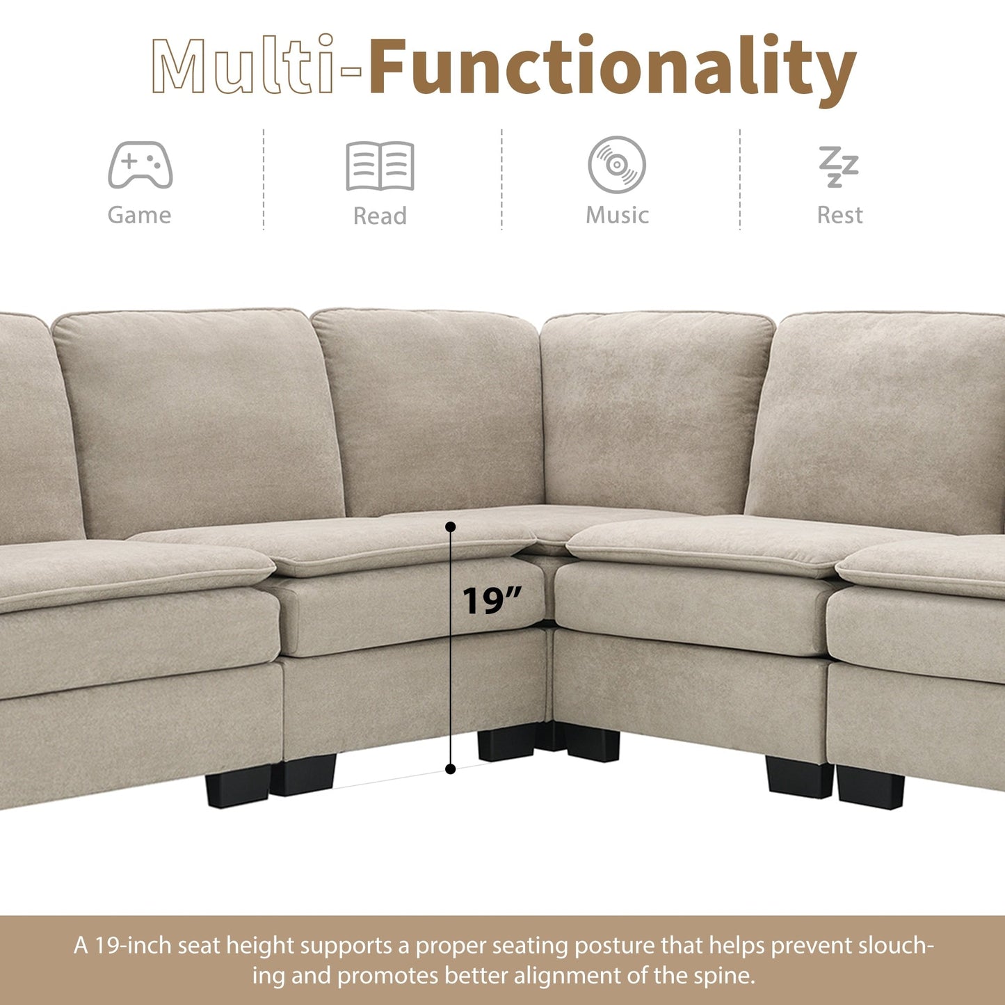 Divano componibile a L in velluto beige da 89'' a 5 posti con doppi cuscini