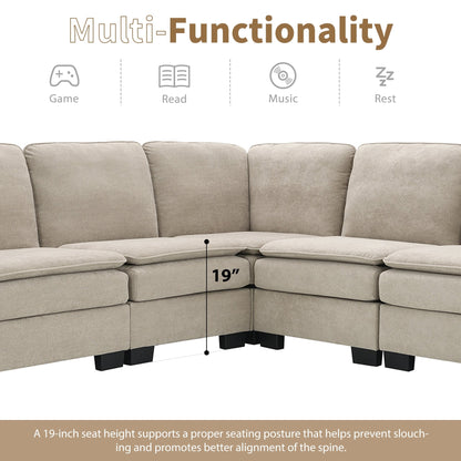 Divano componibile a L in velluto beige da 89'' a 5 posti con doppi cuscini