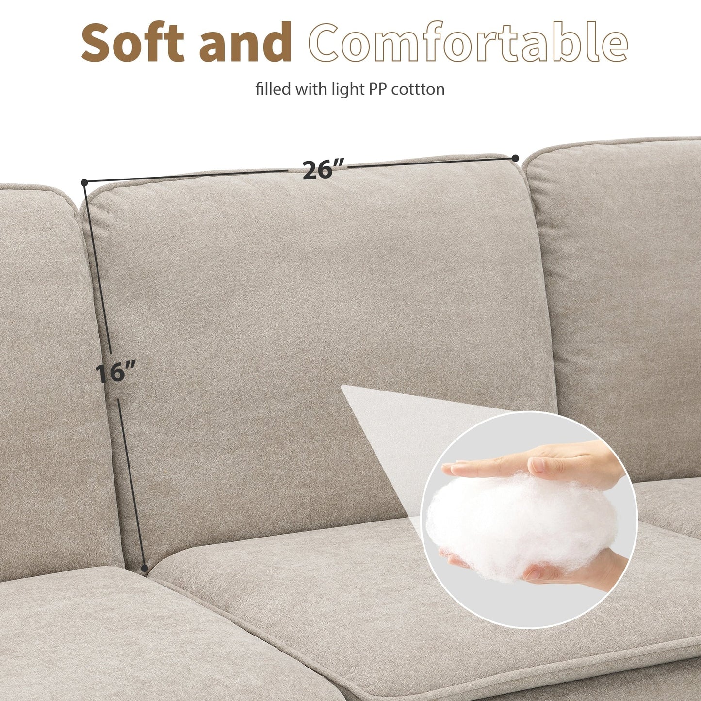 Divano componibile a L in velluto beige da 89'' a 5 posti con doppi cuscini