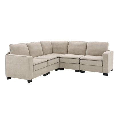 Divano componibile a L in velluto beige da 89'' a 5 posti con doppi cuscini