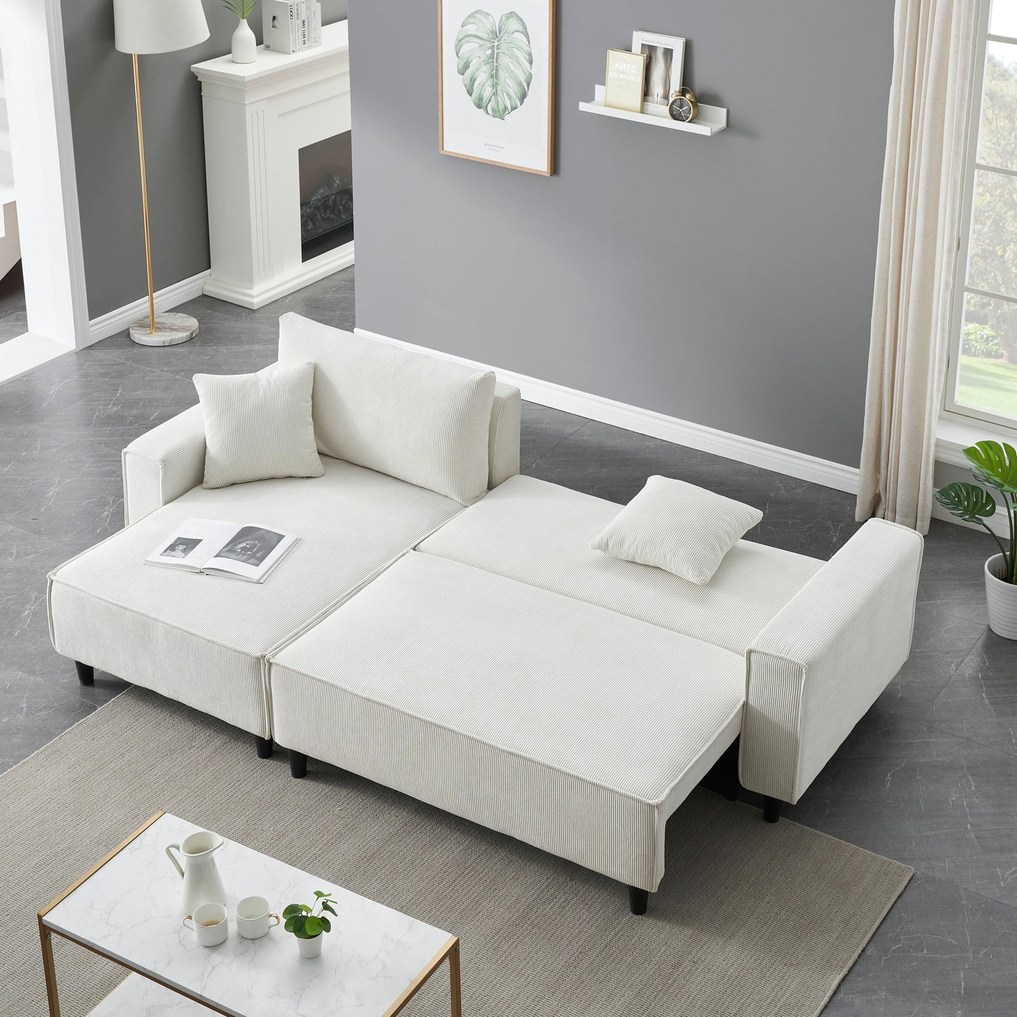 Divano letto beige a 3 posti in velluto a coste da 93'' con 2 cuscini, chaise longue convertibile, contenitore e configurazione regolabile
