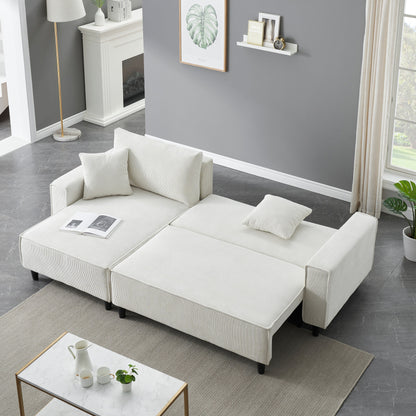 Divano letto beige a 3 posti in velluto a coste da 93'' con 2 cuscini, chaise longue convertibile, contenitore e configurazione regolabile