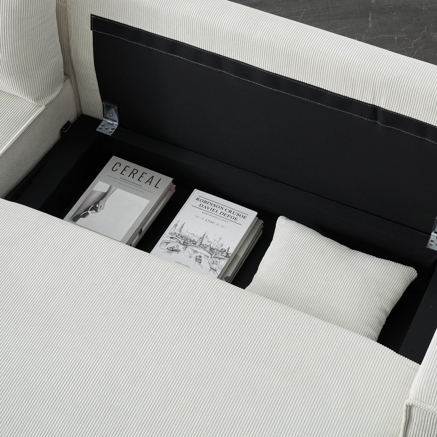 Divano letto beige a 3 posti in velluto a coste da 93'' con 2 cuscini, chaise longue convertibile, contenitore e configurazione regolabile