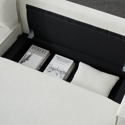 Divano letto beige a 3 posti in velluto a coste da 93'' con 2 cuscini, chaise longue convertibile, contenitore e configurazione regolabile