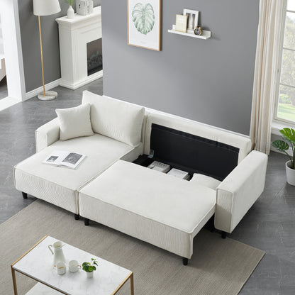 Divano letto beige a 3 posti in velluto a coste da 93'' con 2 cuscini, chaise longue convertibile, contenitore e configurazione regolabile