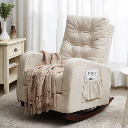 Sedia reclinabile regolabile beige con gambe in legno massello e supporto per la schiena alto