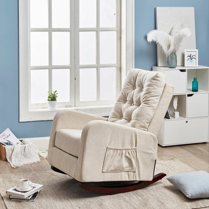 Poltrona reclinabile regolabile beige con gambe in legno robusto, schienale alto e opzioni di archiviazione laterale