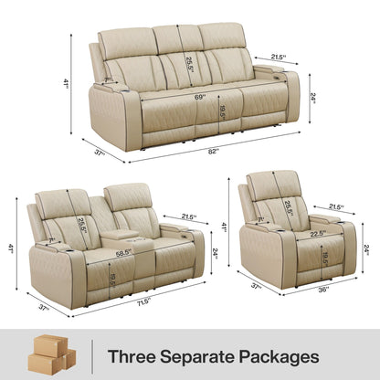 Set di divani reclinabili da soggiorno in pelle traspirante beige da 3 pezzi
