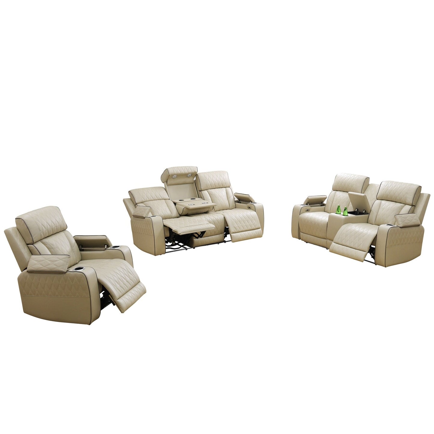 Set di divani reclinabili da soggiorno in pelle traspirante beige da 3 pezzi