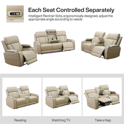Set di divani reclinabili da soggiorno in pelle traspirante beige da 3 pezzi