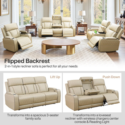 Set di divani reclinabili da soggiorno in pelle traspirante beige da 3 pezzi