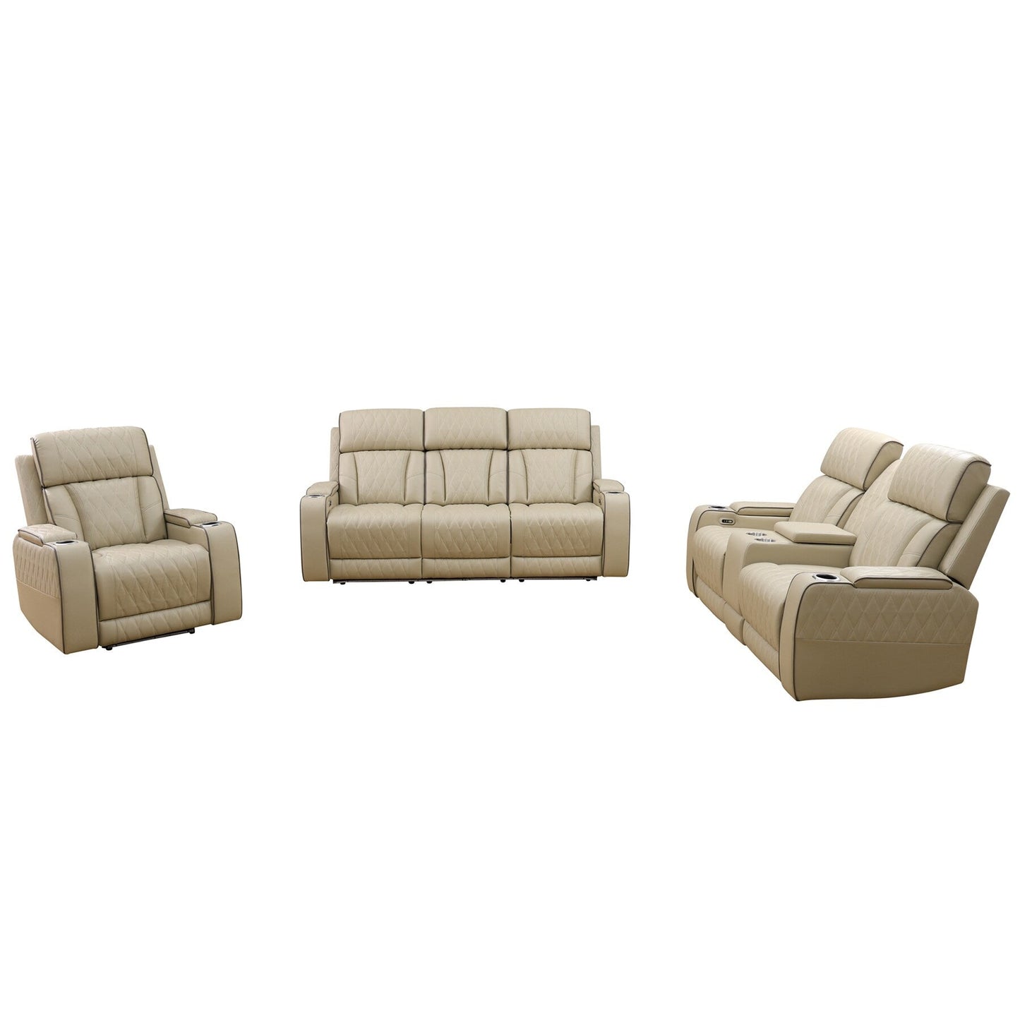 Set di divani reclinabili da soggiorno in pelle traspirante beige da 3 pezzi