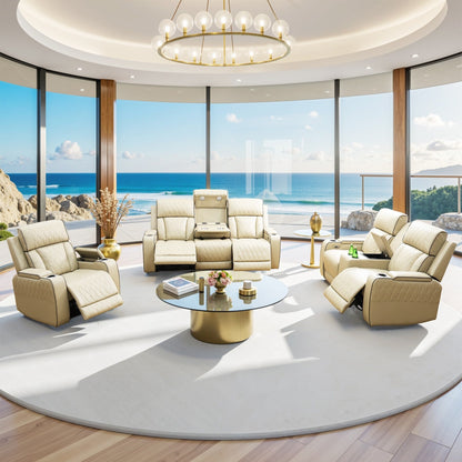 Set di divani reclinabili da soggiorno in pelle traspirante beige da 3 pezzi