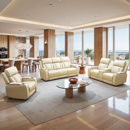 Set di divani reclinabili da soggiorno in pelle traspirante beige da 3 pezzi