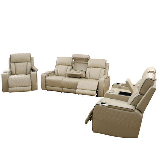 Set di divani reclinabili da soggiorno in pelle traspirante beige da 3 pezzi
