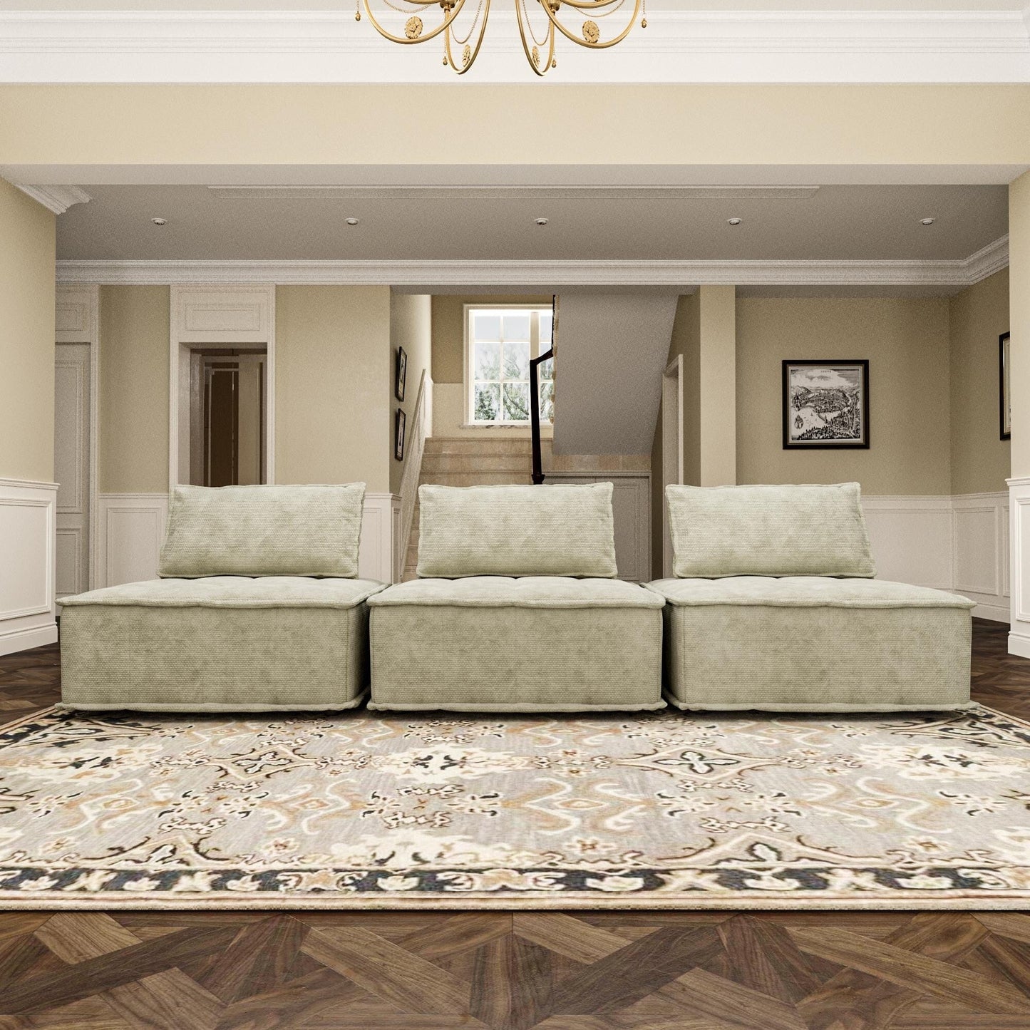 Set di divani modulari in ciniglia beige da 3 pezzi