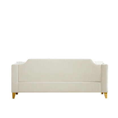 Divano capitonné a 3 posti in ciniglia beige con decorazione a chiodi in rame