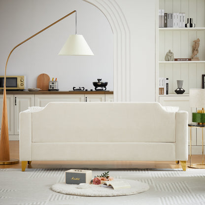 Divano capitonné a 3 posti in ciniglia beige con decorazione a chiodi in rame