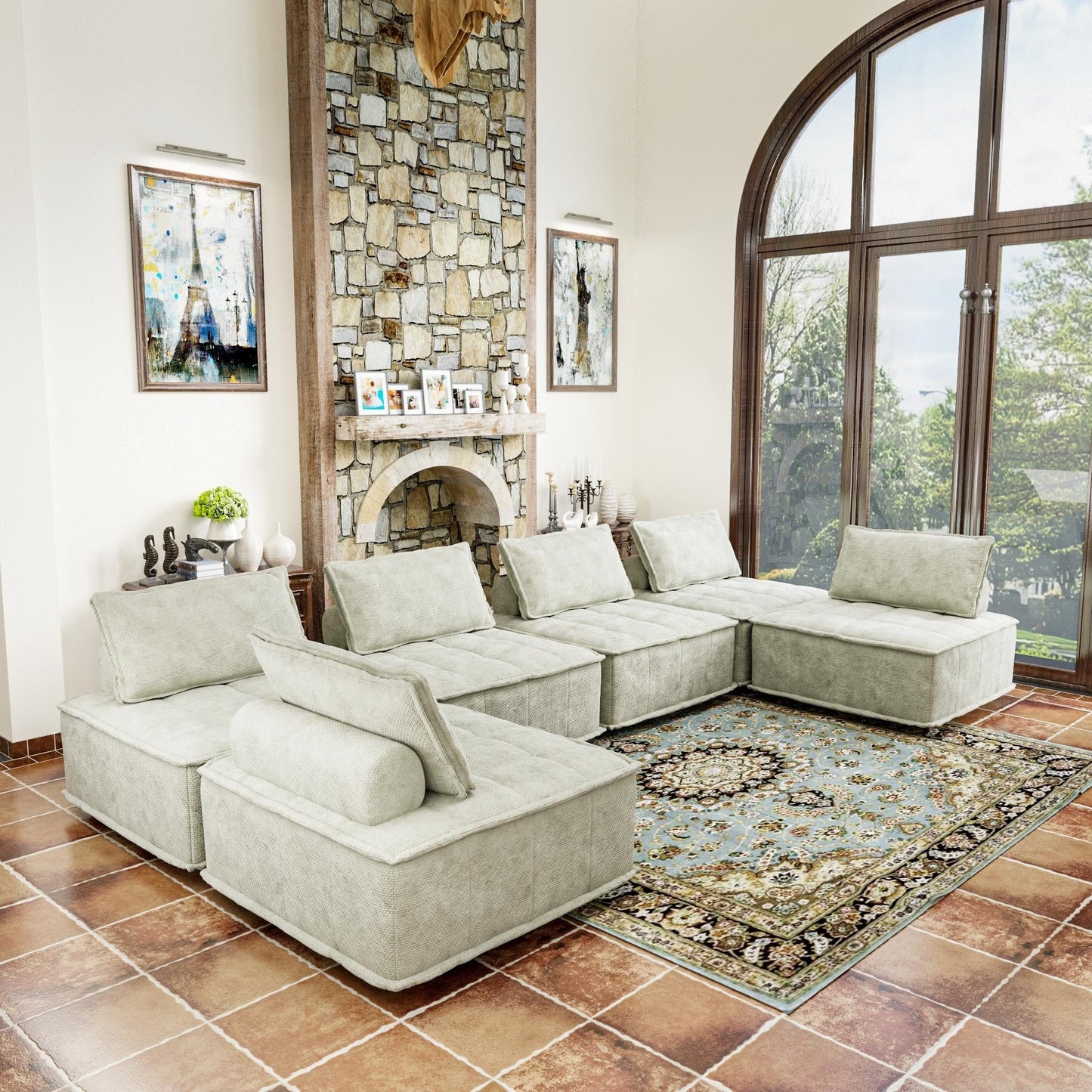 Set di divani modulari in ciniglia beige da 6 pezzi