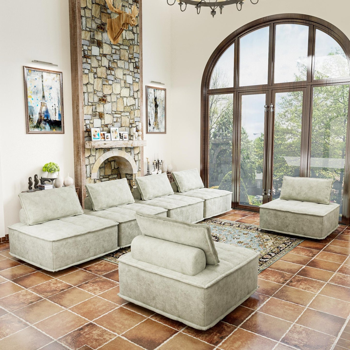 Set di divani modulari in ciniglia beige da 6 pezzi