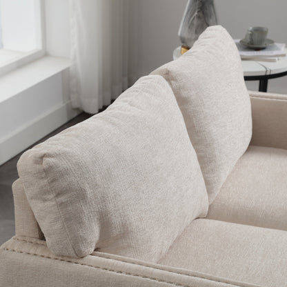 Divano a due posti in ciniglia beige con tasca e borchie