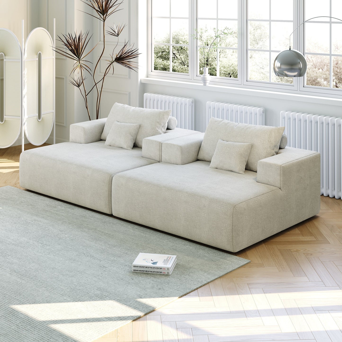 Divano letto singolo in ciniglia beige con cuscino per schienale