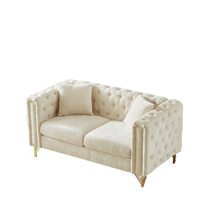 Divano a due posti imbottito in ciniglia beige con gambe in metallo