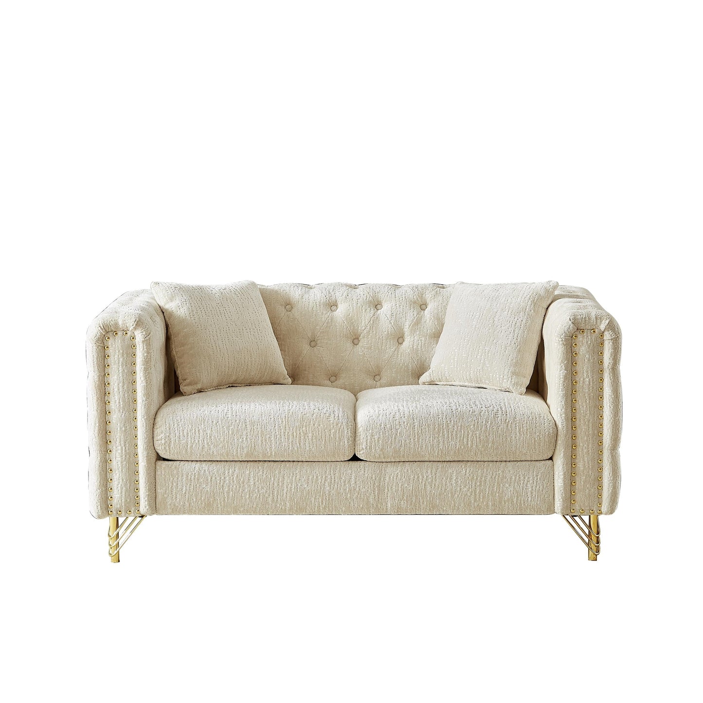 Divano a due posti imbottito in ciniglia beige con gambe in metallo