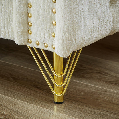 Divano a due posti imbottito in ciniglia beige con gambe in metallo