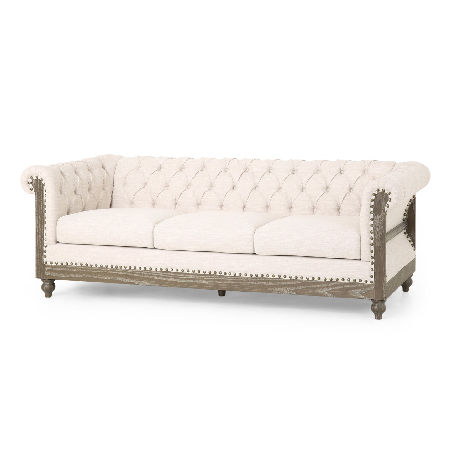 Divano Chesterfield beige a 3 posti con bottoni e gambe in legno